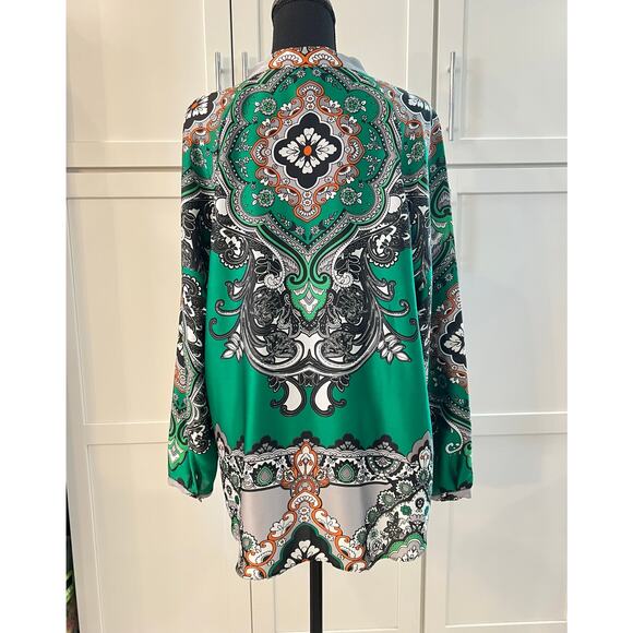 NWT CHICO'S Satin Blouse Long Sleeve Green Paisley Women's Sz 2 Large 12 Career - Picture 4 of 6
